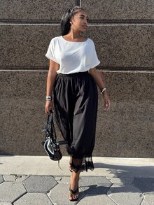Alexandranx Celana Panjang Wanita Kasual Fashion Street Chic untuk Perjalanan Sehari-hari Minimalis Serbaguna Warna Hitam dengan Tali Serut di Pinggang dan Potongan Lebar untuk Siang Hari dan Musim Panas - Hitam - View 6