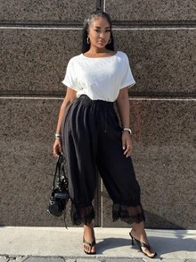 Alexandranx Celana Panjang Wanita Kasual Fashion Street Chic untuk Perjalanan Sehari-hari Minimalis Serbaguna Warna Hitam dengan Tali Serut di Pinggang dan Potongan Lebar untuk Siang Hari dan Musim Panas - Hitam - View 1