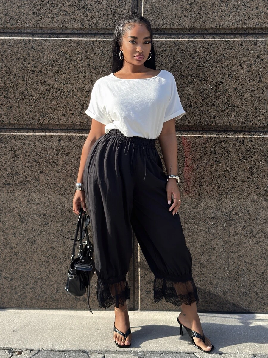 Alexandranx Celana Panjang Wanita Kasual Fashion Street Chic untuk Perjalanan Sehari-hari Minimalis Serbaguna Warna Hitam dengan Tali Serut di Pinggang dan Potongan Lebar untuk Siang Hari dan Musim Panas - Hitam - View 1