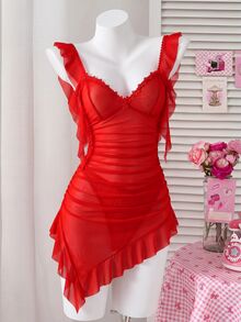 PetitDoll 2件組性感網紗百褶不對稱洋裝 - 紅色 - 查看 3