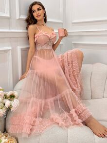 Slumberist Multi-Layer Mesh See Through Sleepwear Dress Decorated With 3D Floral Lace Long Dress Perfect For Summer - Baby Pink - View 5
