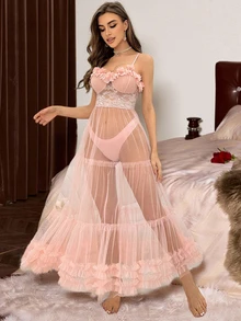 Slumberist Multi-Layer Mesh See Through Sleepwear Dress Decorated With 3D Floral Lace Long Dress Perfect For Summer - Baby Pink - View 1