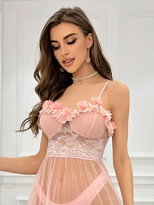 Slumberist Multi-Layer Mesh See Through Sleepwear Dress Decorated With 3D Floral Lace Long Dress Perfect For Summer - Baby Pink - View 4