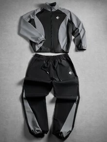 Manfinity EMRG Men's Colorblock Zipper Long Sleeve Jacket And Drawstring Waist Cargo Pants Set - Black - View 1
