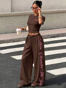 SHEIN 2pcs/Set Teen Short Sleeve Top & Long Pants Set, Pink Bow Ribbon, Suitable For Spring/Summer, Sports & Commuting - Brown - View 1