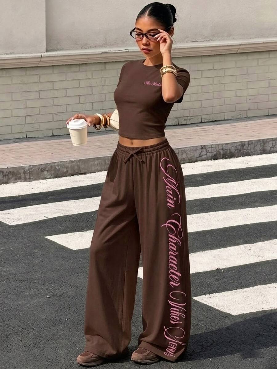 SHEIN 2pcs/Set Teen Short Sleeve Top & Long Pants Set, Pink Bow Ribbon, Suitable For Spring/Summer, Sports & Commuting - Brown - View 1