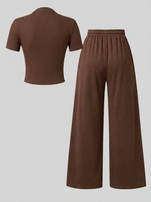 SHEIN 2pcs/Set Teen Short Sleeve Top & Long Pants Set, Pink Bow Ribbon, Suitable For Spring/Summer, Sports & Commuting - Brown - View 2