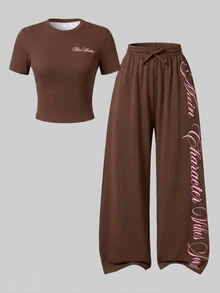 SHEIN 2pcs/Set Teen Short Sleeve Top & Long Pants Set, Pink Bow Ribbon, Suitable For Spring/Summer, Sports & Commuting - Brown - View 3