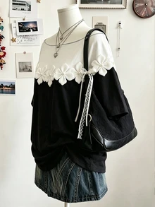 Lalippa 大尺碼女款休閒拼色不對稱領口T恤 - 白色 - 查看 4
