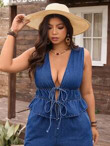 EMERY ROSE Plus Size Denim Beach Vacation Style Elastic Drawstring Ruffled Hem Vest - Dark Wash - View 4