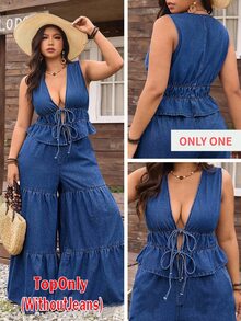 EMERY ROSE Plus Size Denim Beach Vacation Style Elastic Drawstring Ruffled Hem Vest - Dark Wash - View 1