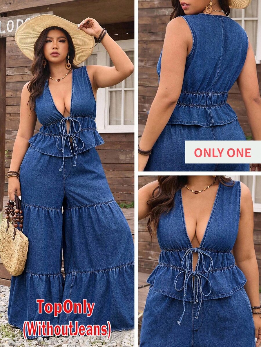 EMERY ROSE Plus Size Denim Beach Vacation Style Elastic Drawstring Ruffled Hem Vest - Dark Wash - View 1