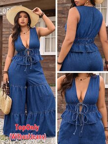 EMERY ROSE Plus Size Denim Beach Vacation Style Elastic Drawstring Ruffled Hem Vest - Dark Wash - View 9