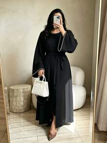 Al Najma Solid Flounce Sleeve Kaftan Dress - Khaki - View 5