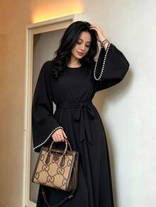 Al Najma Solid Flounce Sleeve Kaftan Dress - Khaki - View 4