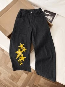 Genkimix Kids 青少年女孩星星印花寬腿牛仔褲，黑色水洗，彈性腰頭，寬鬆直筒，秋季街頭休閒 - 黑色 - 查看 4