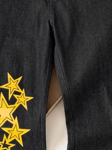 Genkimix Kids 青少年女孩星星印花寬腿牛仔褲，黑色水洗，彈性腰頭，寬鬆直筒，秋季街頭休閒 - 黑色 - 查看 8