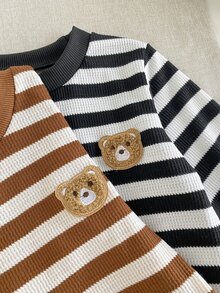 SHEIN Playful Pals 3套幼童男嬰可愛Y2K條紋熊長袖柔軟蓬鬆厚實毛衣運動褲套裝連帽衫服飾返校季秋冬穿搭 - 彩色 - 查看 3
