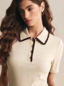 Poéselle 都會時尚女款 Polo 衫，經典對比飾邊設計，百搭休閒上衣，適合日常穿著 - 杏色 - 查看 5