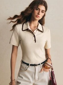 Poéselle 都會時尚女款 Polo 衫，經典對比飾邊設計，百搭休閒上衣，適合日常穿著 - 杏色 - 查看 4