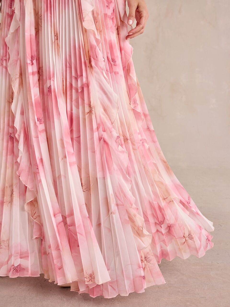 Enchnt Premium Pre-Fall Romantic Women's Elegant Pink Floral Print Pleated Hem Ruffle Long Dress,Casual Dress,Festival Outfit,Vacation Dress,Going Out