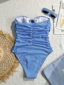 Swim Chiccia Women's Blue Striped Ruffles Sexy Tie-Up One-Piece Swimsuit, Beach Vacation Outfit For Summer - Blue - View 2