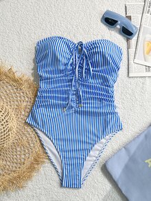 Swim Chiccia Women's Blue Striped Ruffles Sexy Tie-Up One-Piece Swimsuit, Beach Vacation Outfit For Summer - Blue - View 6