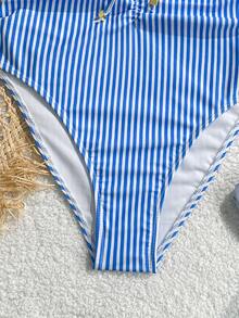Swim Chiccia Women's Blue Striped Ruffles Sexy Tie-Up One-Piece Swimsuit, Beach Vacation Outfit For Summer - Blue - View 4