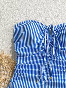 Swim Chiccia Women's Blue Striped Ruffles Sexy Tie-Up One-Piece Swimsuit, Beach Vacation Outfit For Summer - Blue - View 3