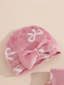 SHEIN 1件新生女嬰粉色蝴蝶結印花連帽抓絨內裡加厚長袖外套，附腰帶、帽子與拖鞋，休閒可愛保暖毛絨套裝，適合秋冬日常穿著或居家穿著 - 淺粉色 - 查看 5