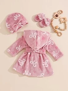 SHEIN 1件新生女嬰粉色蝴蝶結印花連帽抓絨內裡加厚長袖外套，附腰帶、帽子與拖鞋，休閒可愛保暖毛絨套裝，適合秋冬日常穿著或居家穿著 - 淺粉色 - 查看 2