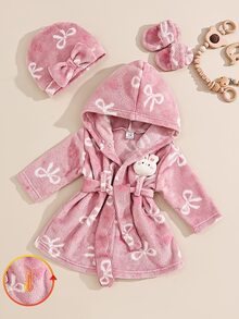 SHEIN 1件新生女嬰粉色蝴蝶結印花連帽抓絨內裡加厚長袖外套，附腰帶、帽子與拖鞋，休閒可愛保暖毛絨套裝，適合秋冬日常穿著或居家穿著 - 淺粉色 - 查看 1