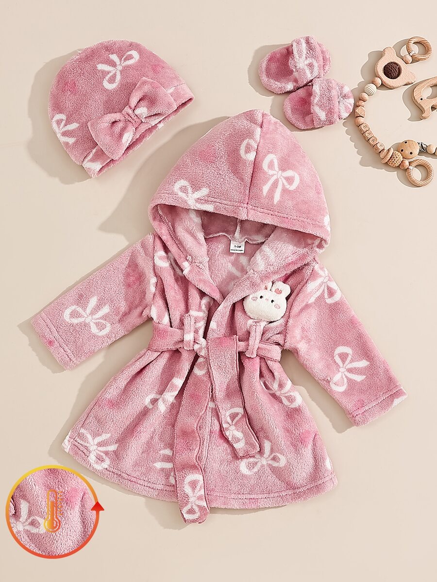 SHEIN 1件新生女嬰粉色蝴蝶結印花連帽抓絨內裡加厚長袖外套,附腰帶、帽子與拖鞋,休閒可愛保暖毛絨套裝,適合秋冬日常穿著或居家穿著 - 淺粉色 - 查看 1