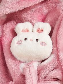 SHEIN 1件新生女嬰粉色蝴蝶結印花連帽抓絨內裡加厚長袖外套，附腰帶、帽子與拖鞋，休閒可愛保暖毛絨套裝，適合秋冬日常穿著或居家穿著 - 淺粉色 - 查看 4