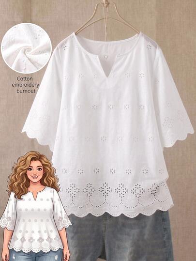 Rusticease Romantic Lace Fabric Plus Size White Blouse