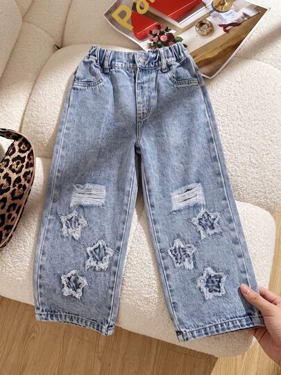 SHEIN Genkimix Kids Girls' Denim Jeans, All-Season New Style, Street Casual Fashion, Vintage Mid-Blue Denim Wash, Elastic Waistband Design, Star Patch Embroidery Pattern Combined With Distressed Ripped Frayed Hem And Washed Effect, Fashionable, Loose Straight-Leg Fit, Soft And Comfortable Fabric, Versatile Everyday Fashion Style, All-Season New Girls' Denim Jeans