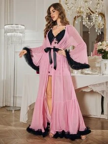 Slumberist 3D Floral Trim Puff Sleeve Robe + Contrast Lace Side High Slit Sexy Heart Printed Mesh Nightgown Set - Pink - View 7
