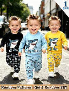 1 Random Set,Boys Yellow Black Blue Shark Letter Print Loose Round Neck Long Sleeve Sweatshirt & Sweatpants Set Fall Casual Ribbed School Outfits - Black - View 5