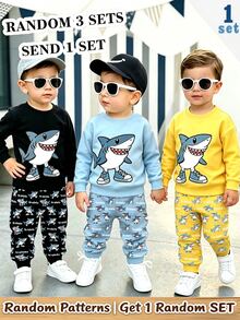 1 Random Set,Boys Yellow Black Blue Shark Letter Print Loose Round Neck Long Sleeve Sweatshirt & Sweatpants Set Fall Casual Ribbed School Outfits - Black - View 4