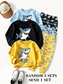 1 Random Set,Boys Yellow Black Blue Shark Letter Print Loose Round Neck Long Sleeve Sweatshirt & Sweatpants Set Fall Casual Ribbed School Outfits - Black - View 2
