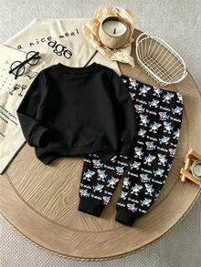 1 Random Set,Boys Yellow Black Blue Shark Letter Print Loose Round Neck Long Sleeve Sweatshirt & Sweatpants Set Fall Casual Ribbed School Outfits - Black - View 3