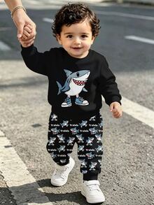 1 Random Set,Boys Yellow Black Blue Shark Letter Print Loose Round Neck Long Sleeve Sweatshirt & Sweatpants Set Fall Casual Ribbed School Outfits - Black - View 6