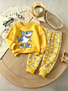 1 Random Set,Boys Yellow Black Blue Shark Letter Print Loose Round Neck Long Sleeve Sweatshirt & Sweatpants Set Fall Casual Ribbed School Outfits - Black - View 9