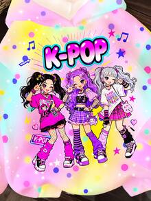 少女可愛卡通女團印花 K-Pop 超級巨星 波點休閒極簡厚實柔軟舒適運動衫，適合秋冬疊穿，街頭校園風 - 彩色 - 查看 6
