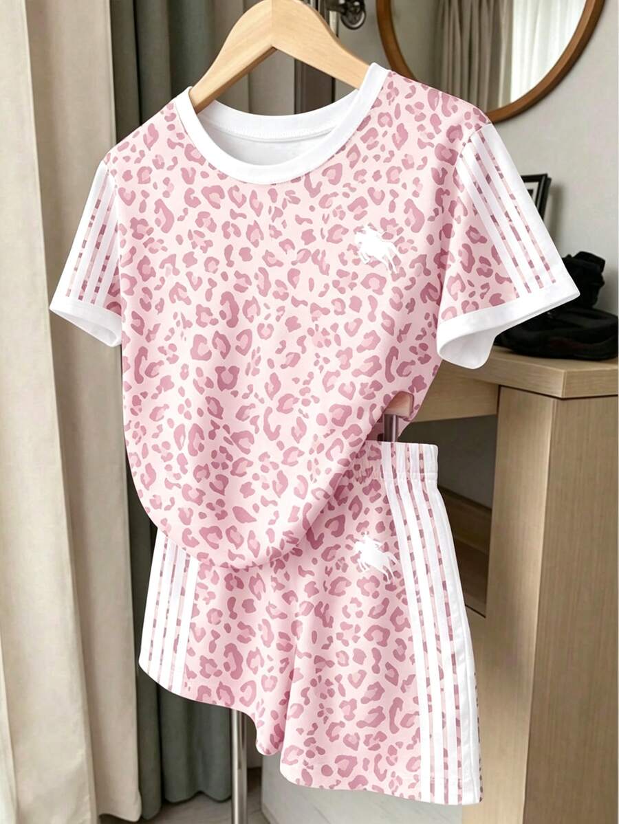 青少年女孩休閒極簡風寬鬆圓領短袖T恤與寬鬆短褲2件套,適合春夏穿著 - 彩色 - 查看 1