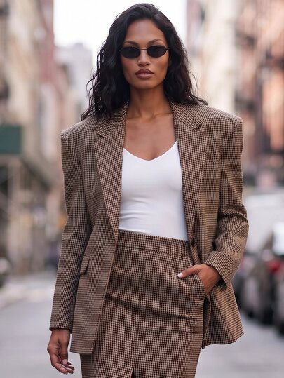 Rouah Women's Houndstooth Textured Brown Vintage Button Long Sleeve Blazer - Boss Blazer, Autumn Blazer, Fall Blazer, Office Attire For Autumn, Fall In The Office, Autumn Layering Blazer