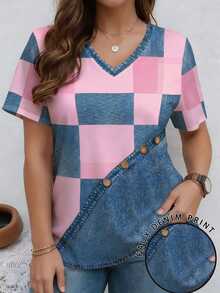 EMERY ROSE Patchwork Pattern Ribbed V-Neck Short Sleeve Casual Plus Size T-Shirt, Spring & Summer - Multicolor - View 1
