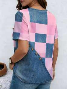 EMERY ROSE Patchwork Pattern Ribbed V-Neck Short Sleeve Casual Plus Size T-Shirt, Spring & Summer - Multicolor - View 2