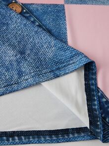 EMERY ROSE Patchwork Pattern Ribbed V-Neck Short Sleeve Casual Plus Size T-Shirt, Spring & Summer - Multicolor - View 3