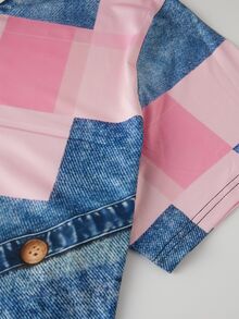 EMERY ROSE Patchwork Pattern Ribbed V-Neck Short Sleeve Casual Plus Size T-Shirt, Spring & Summer - Multicolor - View 4